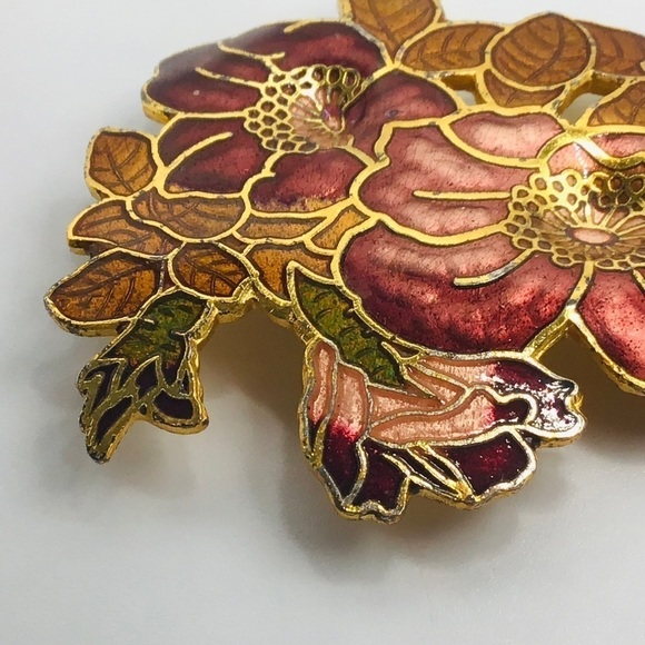 Vtg Cloisonne Brooch 2” Jewelry Gold Tone Flowers Enamel Pin Multicolor Pink Red - Picture 5 of 7